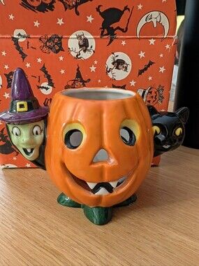 Vtg Christopher Radko Shiny Brite Pumpkin Patch Candle Holder Ceramic Halloween